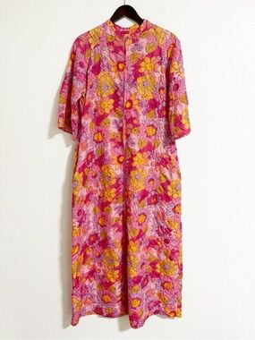 Vintage 60s Millay Floral Retro Mod Robe Housecoat Pink Size S